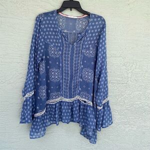 Hint of Mint Plus Size 18W Blue Floral Bell Sleeve Blouse Lace Accents